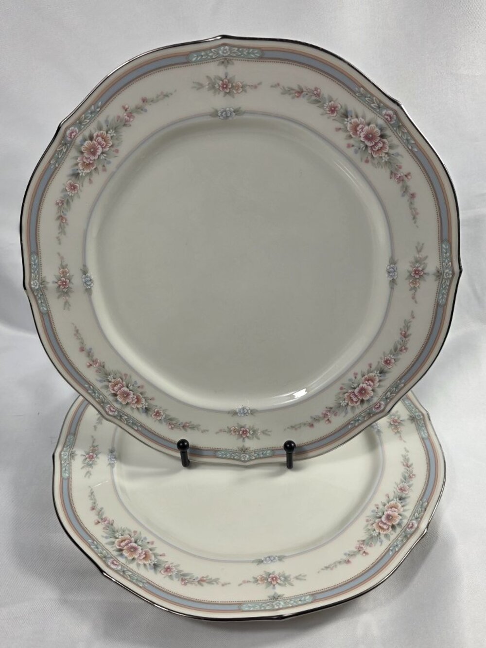 TWO Noritake Rothschild Dinner Plates Ivory Blue Band with Pink Flowers